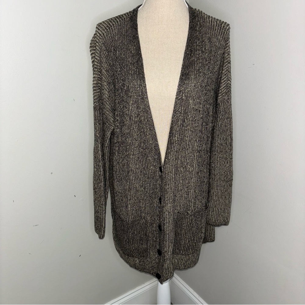 Eileen Fisher oversized organic cotton cardigan long sweater tan black sz Large